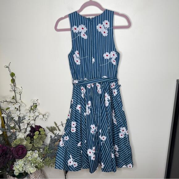MODCLOTH Instant Energy Faux-Wrap Dress Blue Floral Stripe {3K51} - Picture 4 of 6